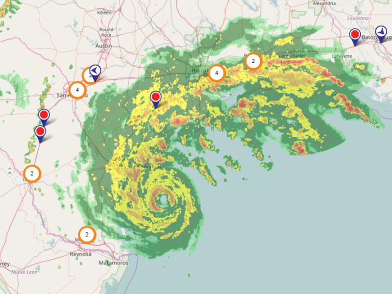 Weather map of hurricane coming ashore in Texas