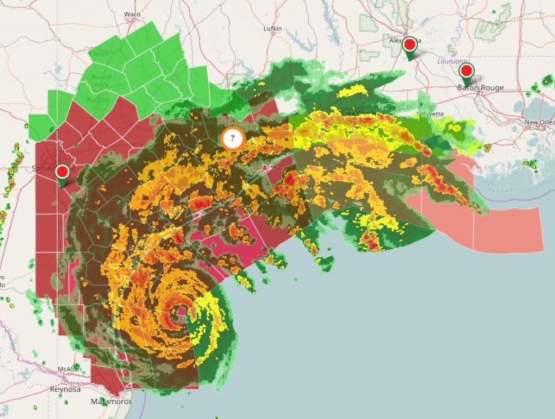 Dispatcher view of weather watches and warnings for hurricane.