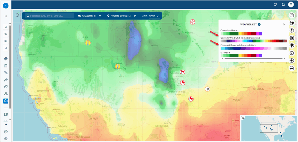 Critical weather map for fleet safety