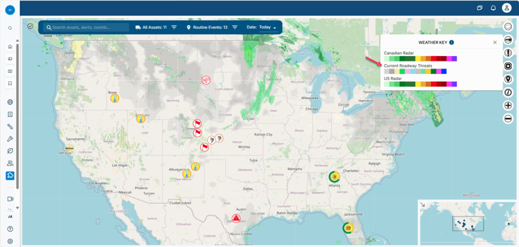 weather map with vehicle locations