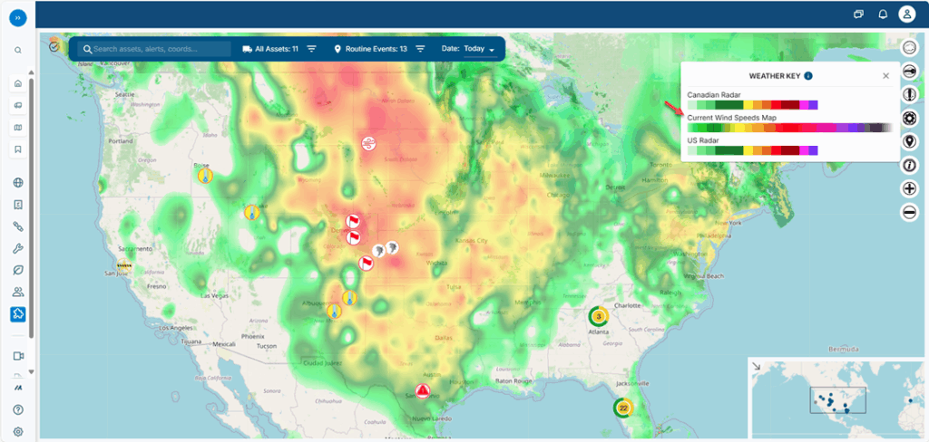 weather map with winds and temperatures
